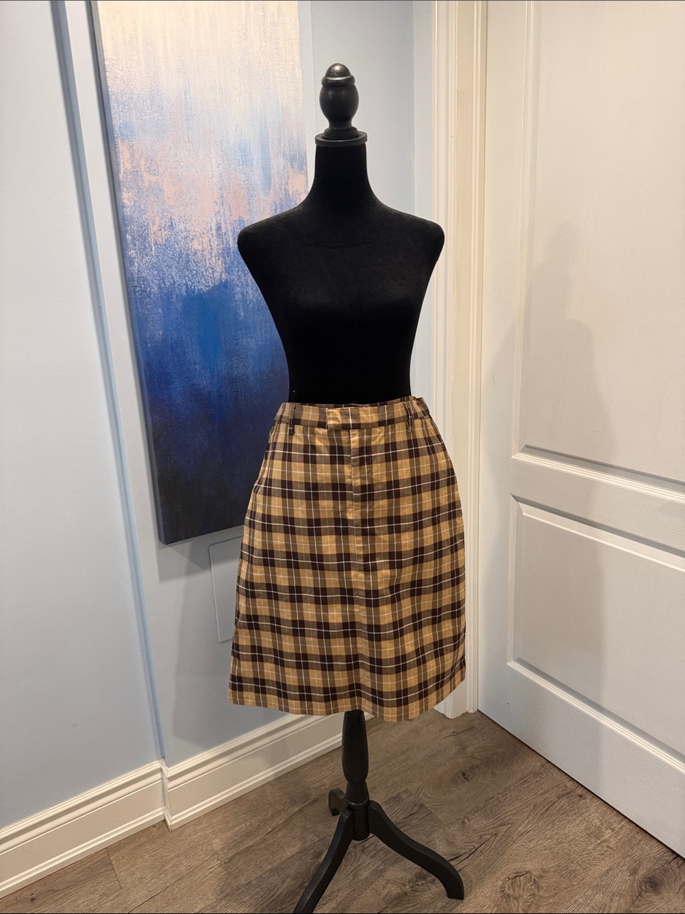 Club Monaco Tan and Black Plaid Midi Skirt